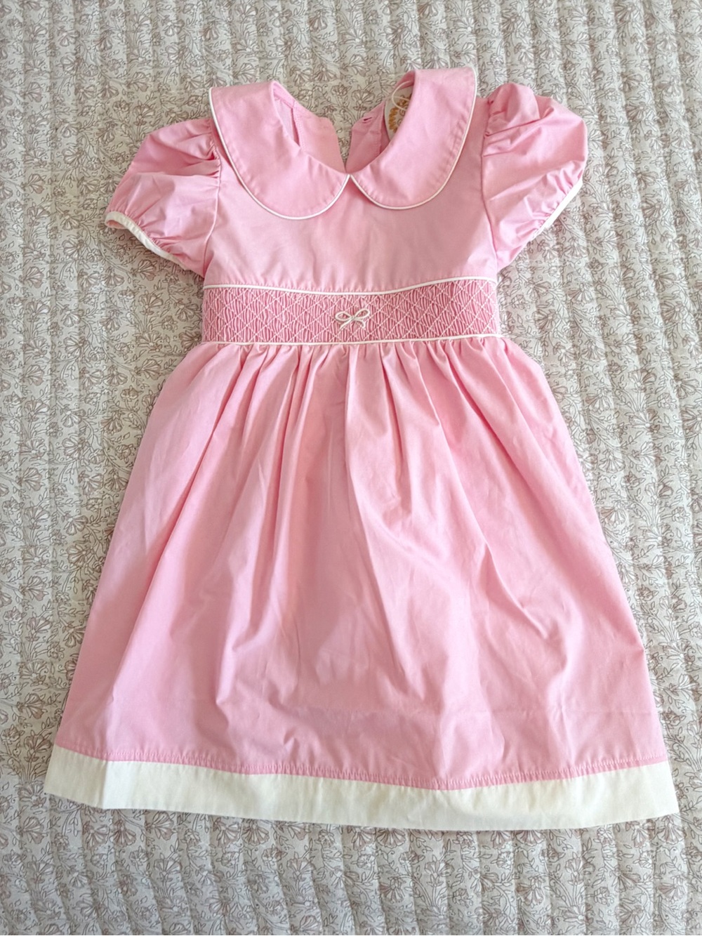 The Beaufort Bonnet Company Pink Smocked Peter Pan Collar Dress with Ivory Hem